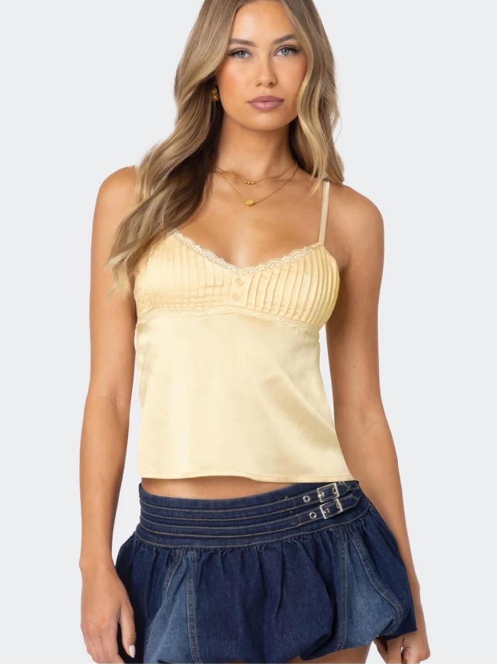 Edited Blanca Satin Lace-Trim Cami Tank Top in Pale Yellow